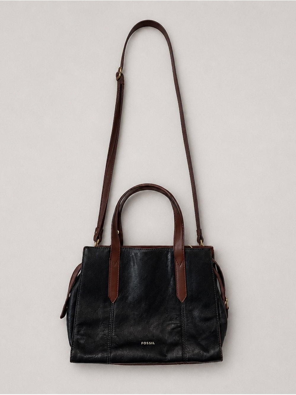 Fossil Black Satchel Leather with Brown Handles and Strap